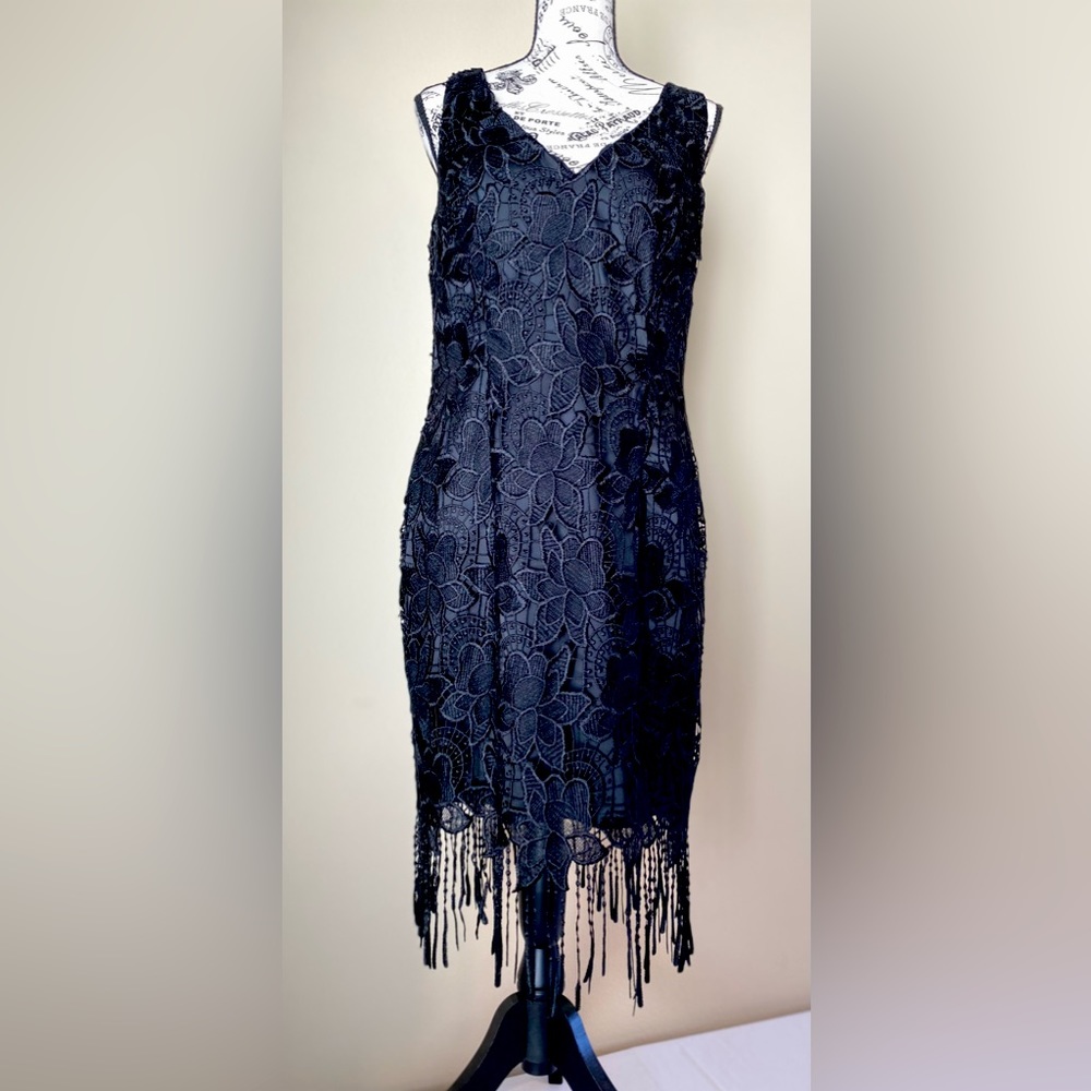Preloved ADRIANA PAPELL Black Lace Fringe Dress Size 10